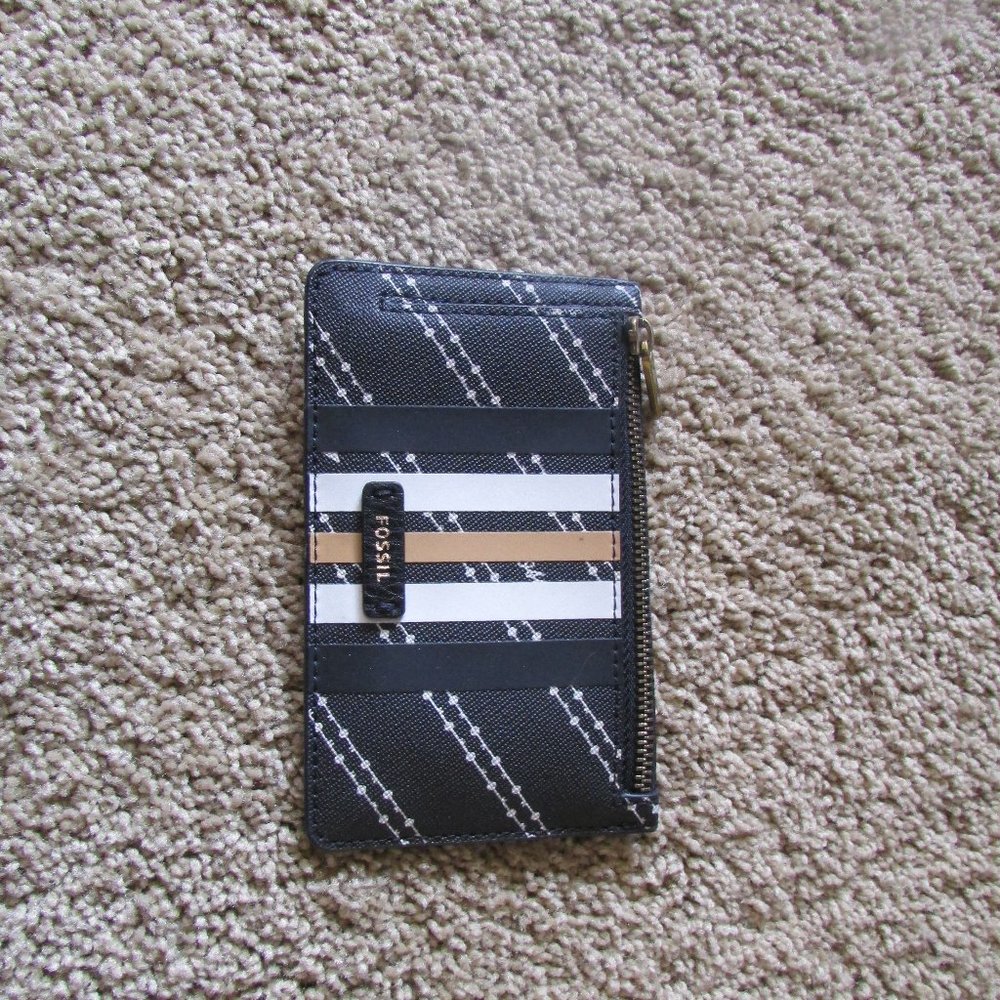 Fossil RFID Mini Wallet Black Cream Stripe Flat